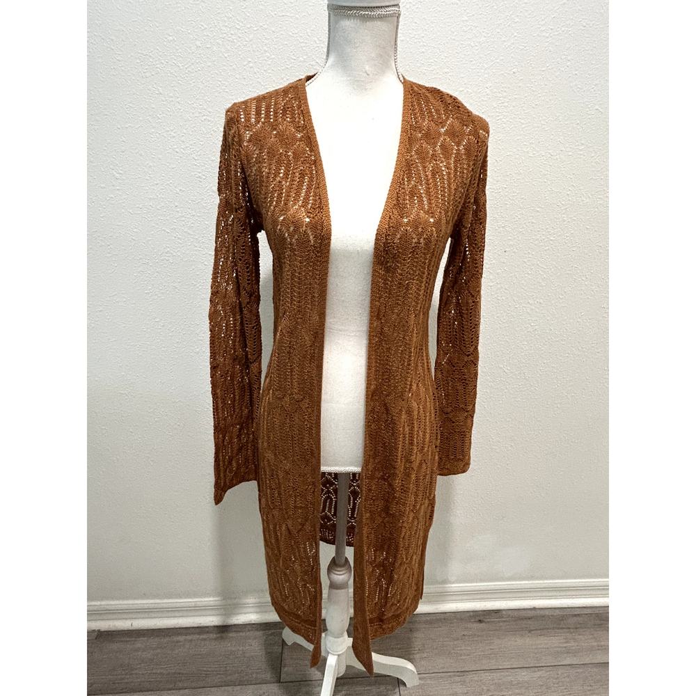 Hooked Up by IOT Juniors Pointelle Bell-Sleeve Duster Coat Toasted Bronze XS Top